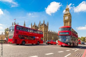 Big Ben, Westminster Bridge, red bus in London